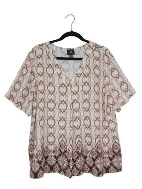 JM Collection Womens Pink & Brown Top Geometric Border Print Size XL Linen Blend